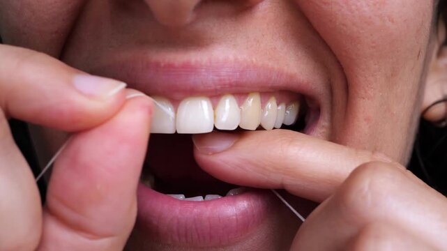 Close-up of a woman flossing between her front teeth