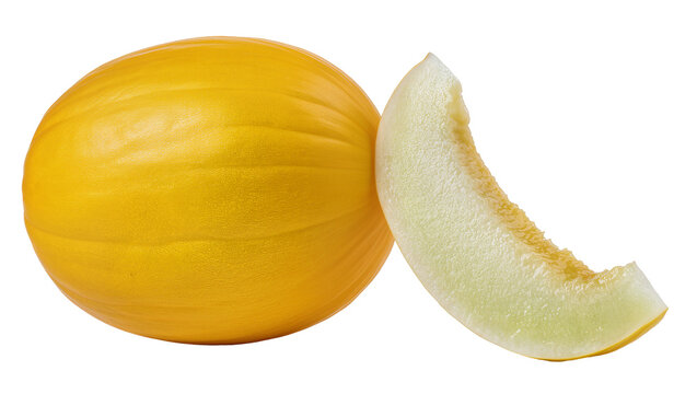 Whole yellow cantaloupe melon with a slice, isolated on transparent background