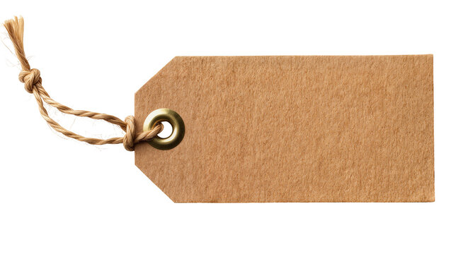 Brown kraft paper gift tag with brass eyelet and twine, isolated on transparent background