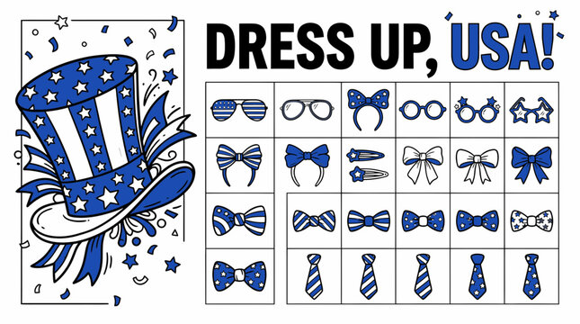 Patriotic American dress up kit with 23 accessory icons, blue and white USA themed party props vector set, Fourth of July celebration elements including uncle sam hat and bow ties