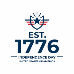 Fototapeta premium Premium Independence Day Graphic Featuring Est 1776 Typography with Patriotic Shield and Star Emblem, Minimalist United States of America Celebration Design on Clean White Background
