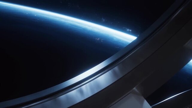 Tracking slow pan of spacecraft window revealing earth curvature and glowing atmosphere in orbit above planet seen from orbital station interior
