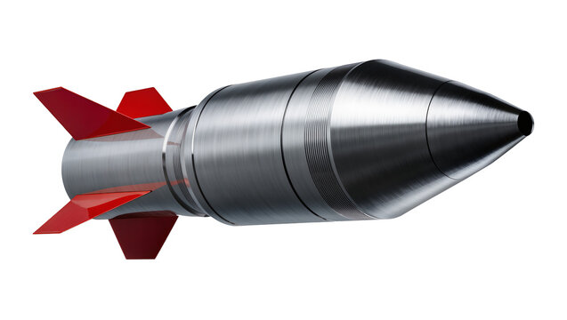 Metallic rocket with red fins, isolated on transparent background