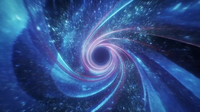 Tracking shot of glowing space vortex spiraling into dark core through cosmic tunnel with swirling energy ribbons in deep galaxy
