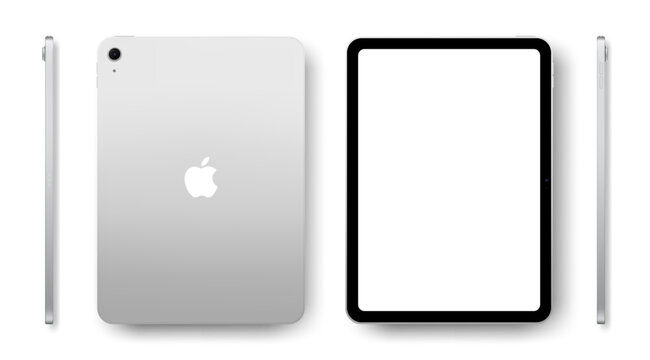 Photorealistic detailed Apple iPad A16 11 inches 2025 Silver mockup. Real dimentions. Front, rear and side views isolated on white background with shadows. Vector editorial illustration