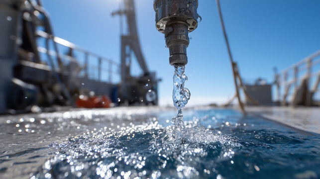 Oceanographic CTD sensor probe streaming seawater onto a research vessel deck under a bright clear blue sky during a marine sampling operation