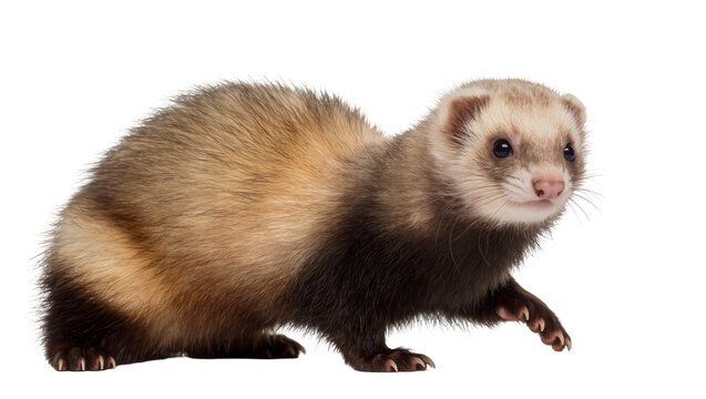 Brown and tan ferret with dark fur, isolated on transparent background