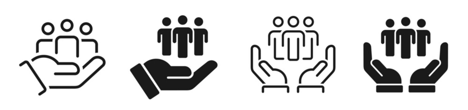 People care icons set. Hand holding humans icon. Support, team, protection, customer, inclusion, care, safety. Human care flat and line style - stock vector.