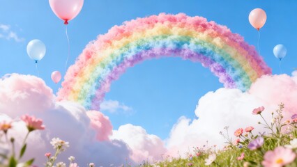 Fototapeta premium Rainbow in sky with balloons and flowers