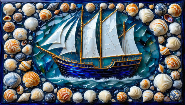 A sail of dreams framed by sea treasures and shells