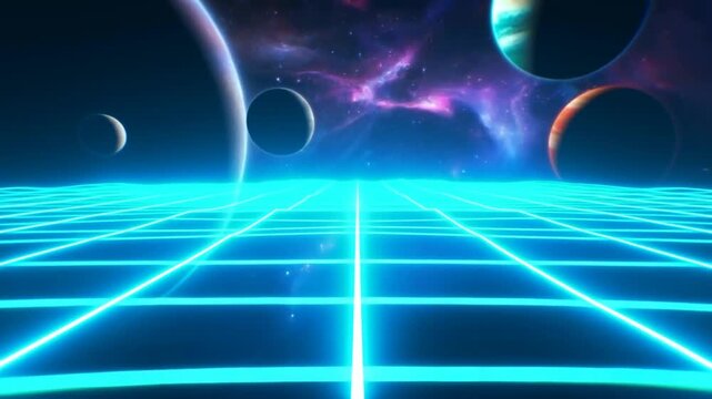 Tracking shot of glowing neon grid receding forward toward planets over cosmic nebula horizon in outer space retro synthwave landscape