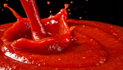 A close-up shot of vibrant red tomato sauce or ketchup splashing into a pool of the same substance, creating dynamic ripples and drops against a dark background © photostockatinat
