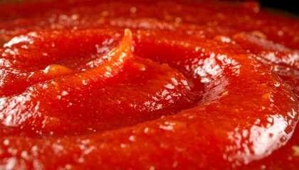 Obraz premium A close-up of bright red tomato sauce or ketchup, showing its thick, textured consistency with swirling patterns and glistening highlights