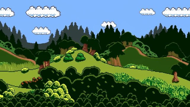 Panning shot of pixel art forest meadow scrolling horizontally with clouds drifting over rolling hills in retro game landscape