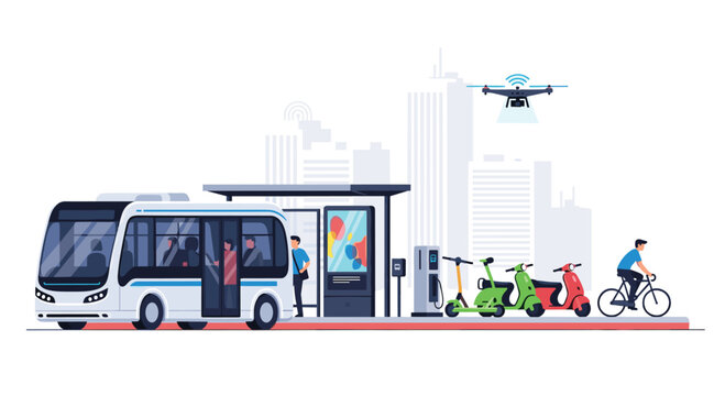 An autonomous electric bus and micro-mobility scooters navigate a futuristic city street under soft lighting with a hovering delivery drone overhead.