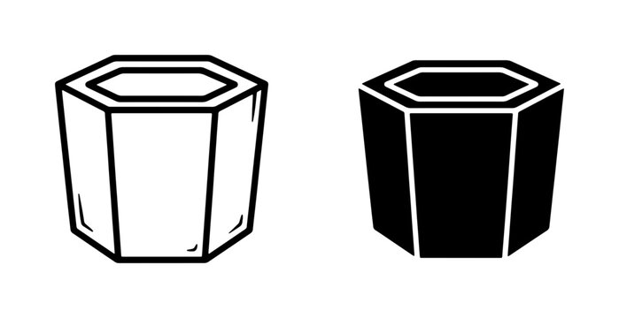 Geometric Hexagonal Prism Vector Icons, Simple Outline and Solid Black Shapes for Design Elements