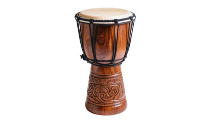 Isolated African musical instrument wooden djembe drum with carved patterns and skin head © David