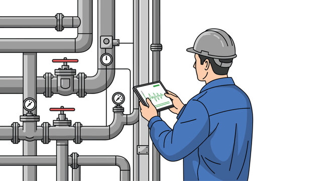 A technician in a blue uniform and gray hard hat examines a digital waveform on a tablet while standing near intricate industrial plumbing and gauges.