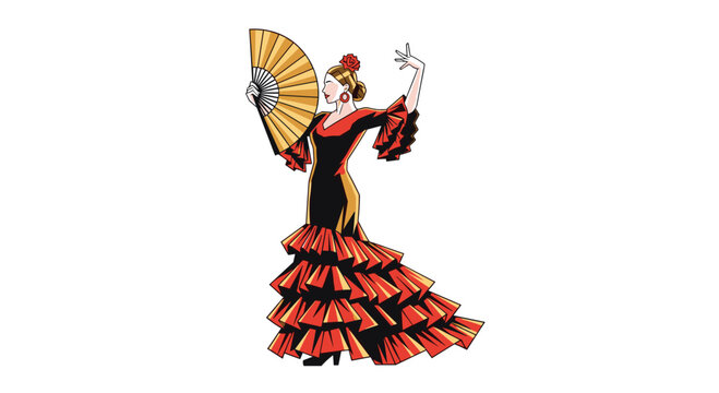 A dynamic flamenco dancer in a black dress with red ruffles holds a golden fan, capturing the expressive spirit and rhythmic intensity of Spanish dance.