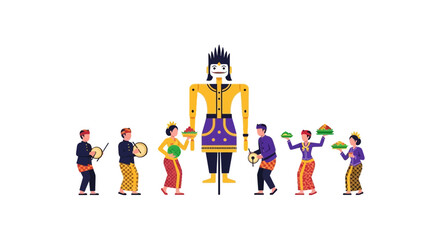 Fototapeta premium Indonesian Culture Festival: Giant Figure, Musicians, Dancers, Offerings