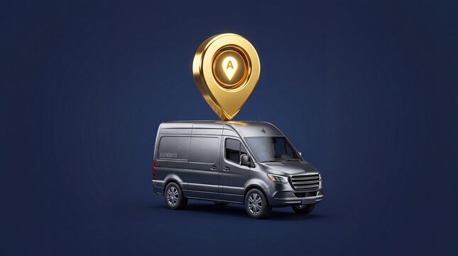 Delivery van with location pin, logistics and shipping service concept