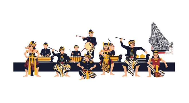Traditional Indonesian Gamelan Orchestra Performance with Dancers and Puppets