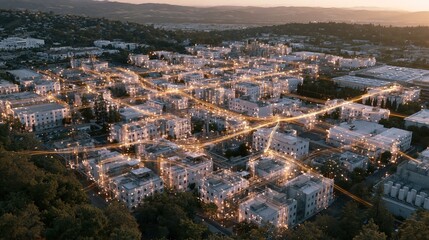 Obraz premium Cityscape at Dusk: Illuminated Buildings and Roads
