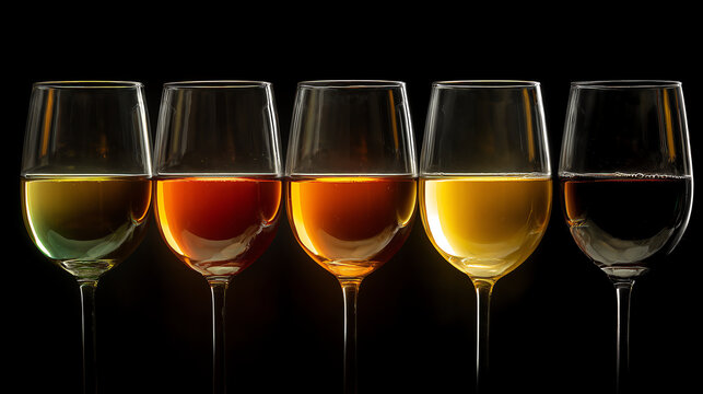 Backlit tasting flight showing a translucent color gradient across five glasses of wine arranged on a dark moody background