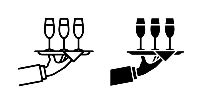 Champagne Flutes on Tray Vector Icons, Celebration Drinks Service, Elegant Toasting Glasses, Party Beverage Hospitality