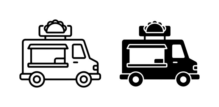 Taco Food Truck Icons, Mobile Kitchen Vehicle Vector Set, Street Food Vendor Graphic