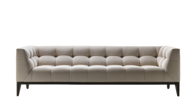 Isolated contemporary tufted fabric sofa with stylish design and dark wood legs