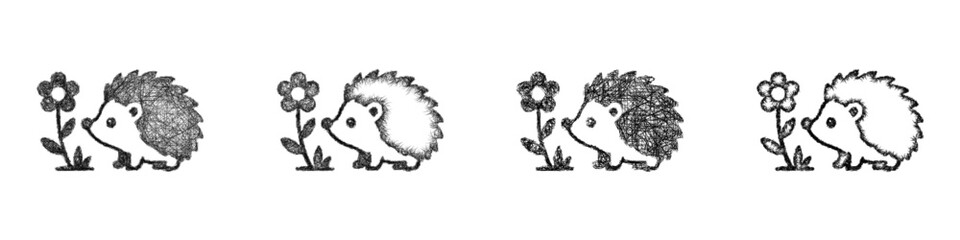 Fototapeta premium Monochrome sketch hedgehog flower icon design set