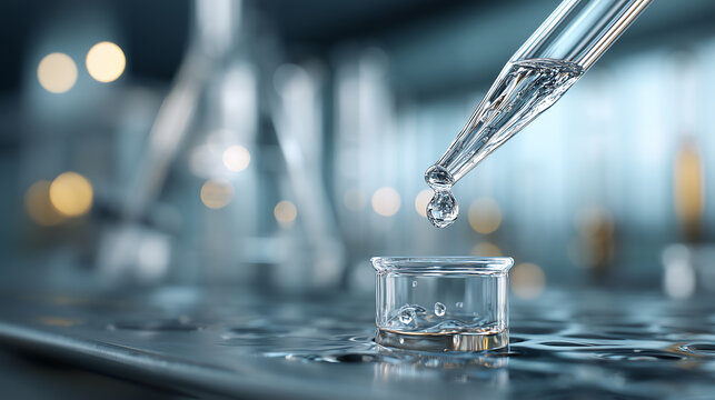 Macro of a glass pipette releasing a clear droplet into a small dish on a wet lab bench with softly blurred equipment behind