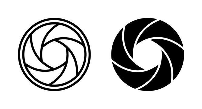 Camera Aperture Icons, Photography Lens Diaphragm Symbols, Open and Closed Shutter Blades, Vector Graphics