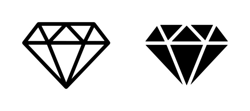 Diamond Icons, Gemstone Symbols, Jewelry Graphics. Two black and white diamond shapes, outline and solid fill, representing precious stones and luxury.