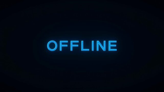 Tracking zoom of glowing blue offline text forming from streaking neon lines on dark digital interface screen center composition
