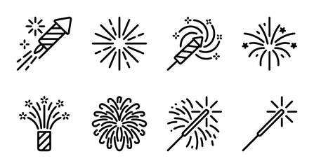 Firework Icons Set, Celebration Pyrotechnics Vector Graphics, Festive Explosions and Sparklers, Holiday Event Symbols © Mahmudul