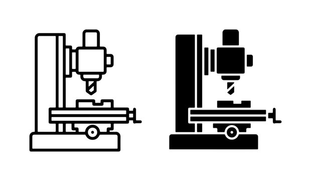 Milling Machine Icons, Industrial Equipment Vector Graphics, Precision Engineering Tools, Manufacturing Machinery Symbols