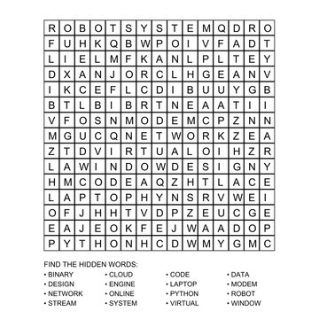 Tech spelling board in plain layout, monochrome ink, digital literacy exercise with multiple entrances