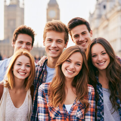 Obraz premium Cheerful young people smiling, exploring London, enjoying togetherness and friendship during a city trip