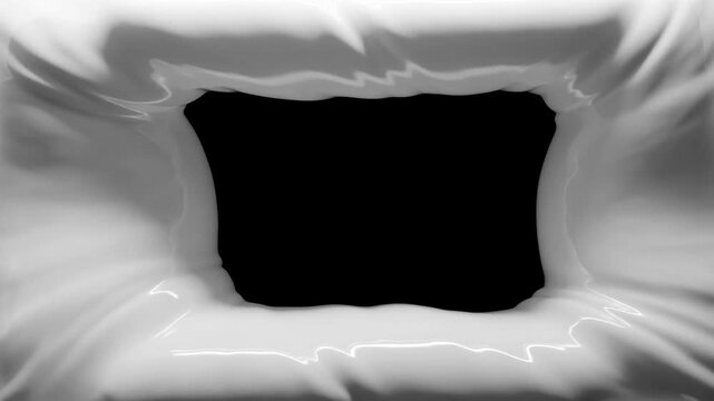 Slow motion close up zoom of white inflatable border compressing and revealing rectangular opening on black studio background