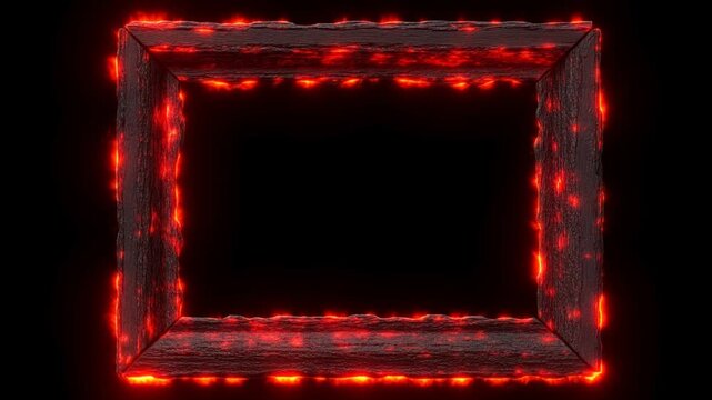 Panning slow tracking shot of rectangular molten frame glowing and pulsating with flickering ember edges on black studio background isolated