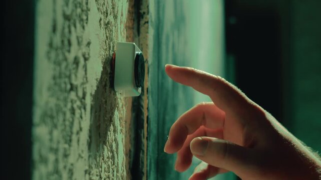 Man's finger pressing a small white doorbell button on a textured wall