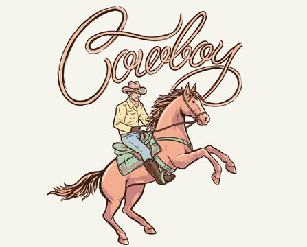 Ride free with the wild west spirit. Vintage graphic design for t shirt. Cowboy riding a rearing horse with script typography. Hand drawn retro western illustration.