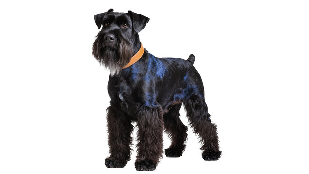 Isolated black Miniature Schnauzer dog with a neatly trimmed beard and orange collar looking at camera