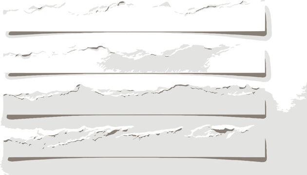 Torn paper edges set with realistic shadows, ripped white paper strips for scrapbooking, 4 horizontal paper banners with rough deckle edges