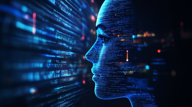 A futuristic digital human face made of code and data in a dark background