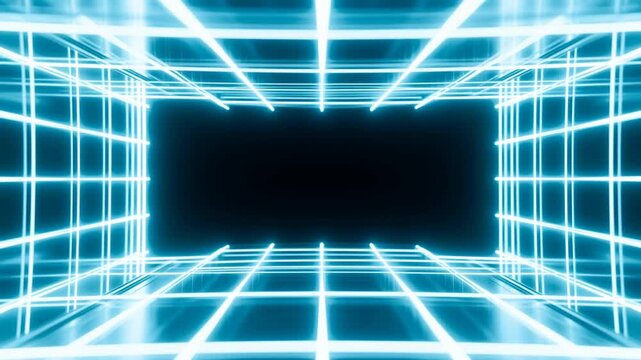 Tracking shot moving forward through glowing neon grid corridor inside virtual digital tunnel with mirrored panels and deep black central void