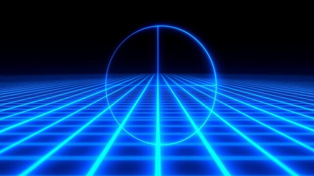 Tracking shot of glowing neon wireframe grid with circular portal advancing forward across vanishing point on dark retro digital plane