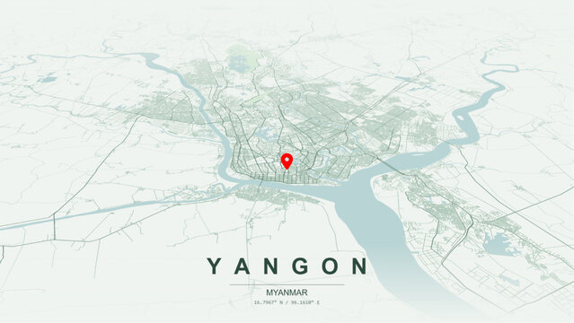 Modern minimalist vector map of Yangon, Myanmar. High-quality scalable illustration of Yangon city grid, Yangon River delta, Kandawgyi Lake, and metropolitan transit networks for posters design.